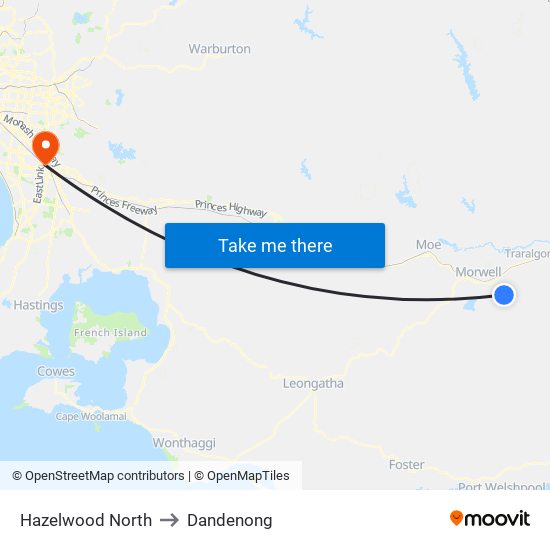 Hazelwood North to Dandenong map