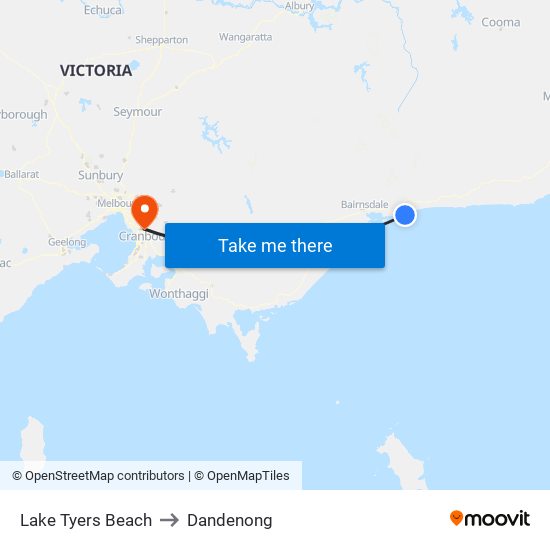 Lake Tyers Beach to Dandenong map