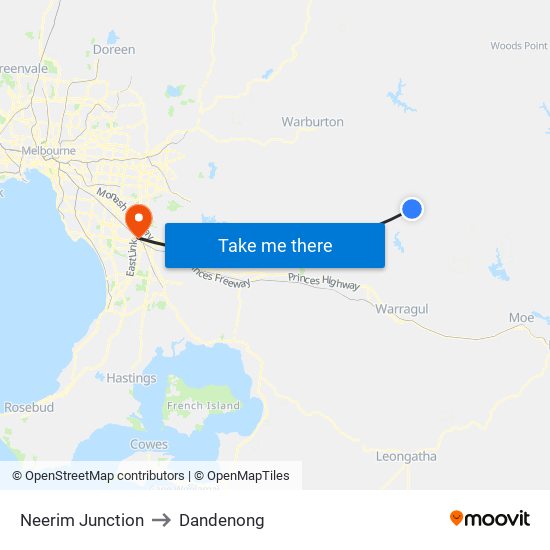 Neerim Junction to Dandenong map