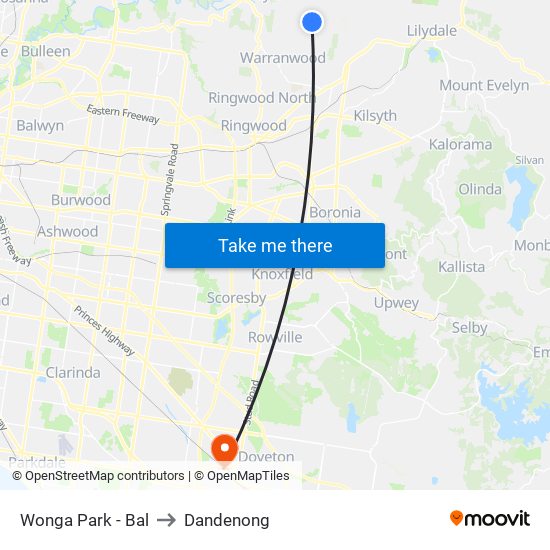 Wonga Park - Bal to Dandenong map