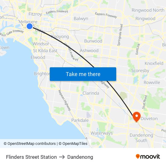 Flinders Street Station to Dandenong map