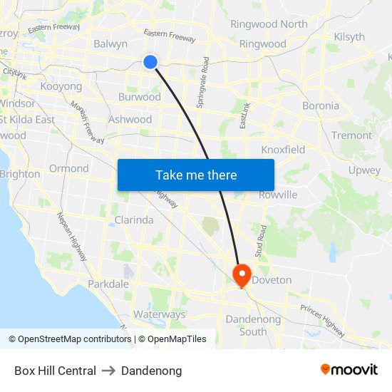Box Hill Central to Dandenong map