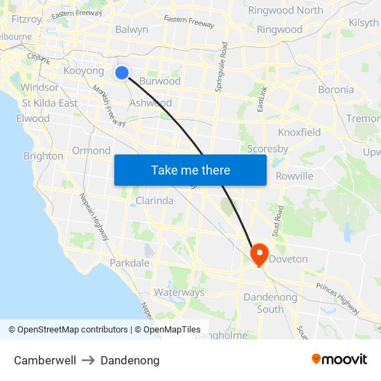 Camberwell to Dandenong map