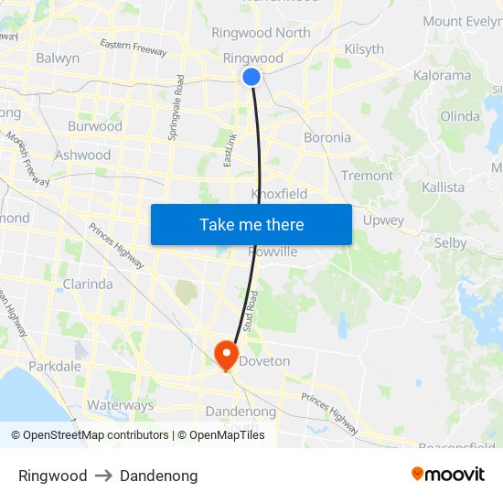 Ringwood to Dandenong map