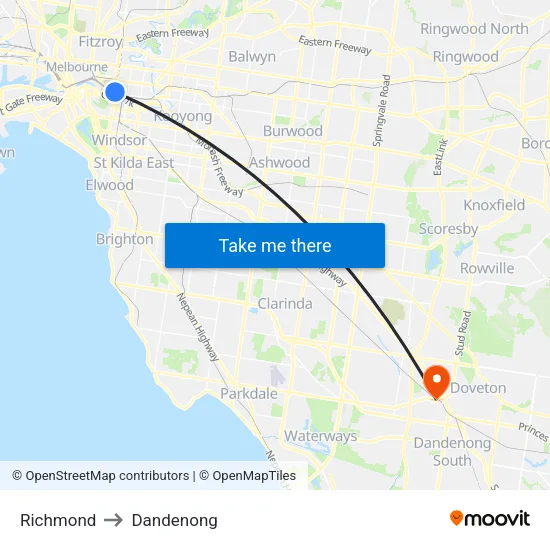 Richmond to Dandenong map