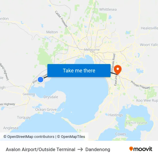Avalon Airport/Outside Terminal to Dandenong map