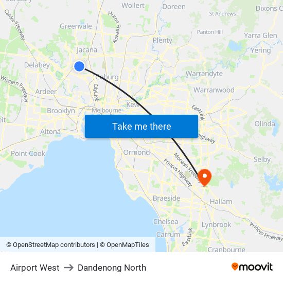 Airport West to Dandenong North map