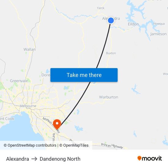Alexandra to Dandenong North map