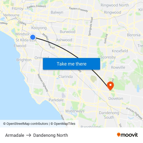 Armadale to Dandenong North map