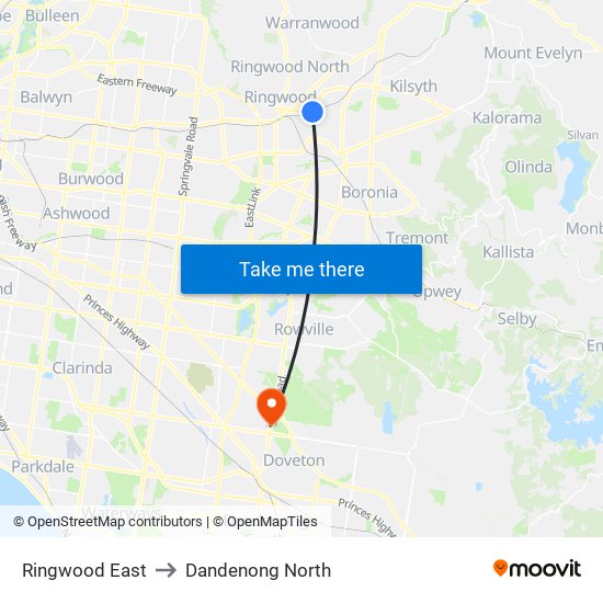 Ringwood East to Dandenong North map