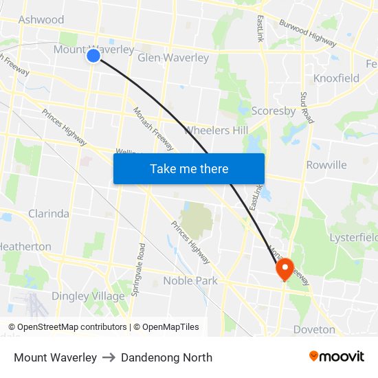 Mount Waverley to Dandenong North map