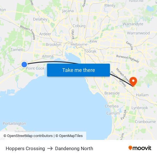 Hoppers Crossing to Dandenong North map