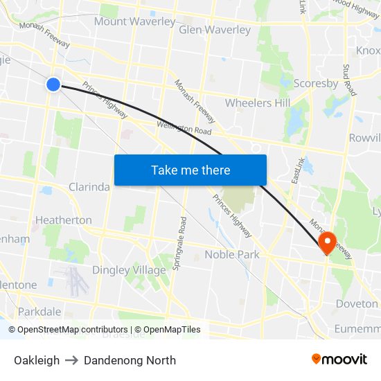 Oakleigh to Dandenong North map