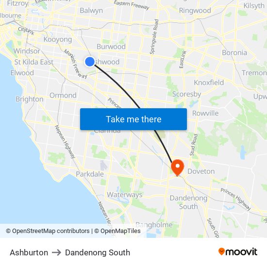 Ashburton to Dandenong South map