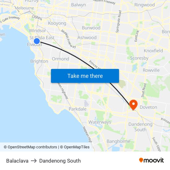 Balaclava to Dandenong South map