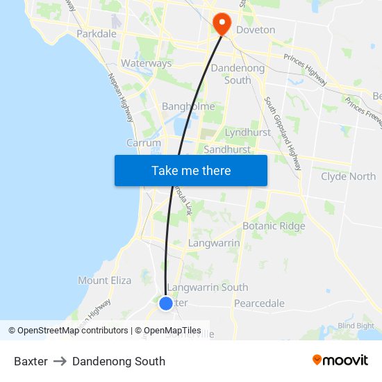 Baxter to Dandenong South map