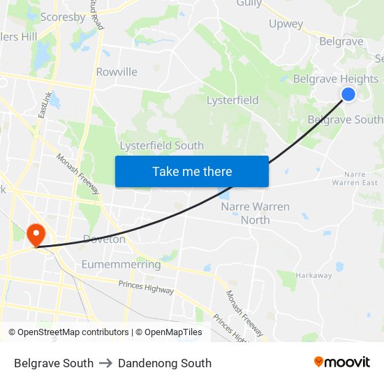 Belgrave South to Dandenong South map