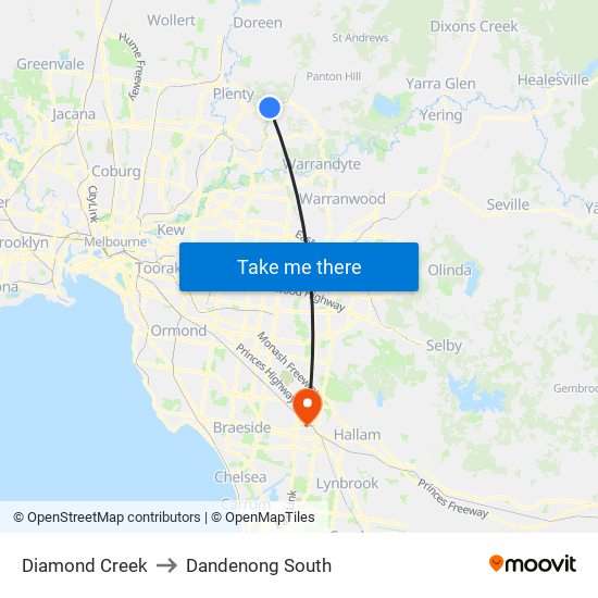 Diamond Creek to Dandenong South map