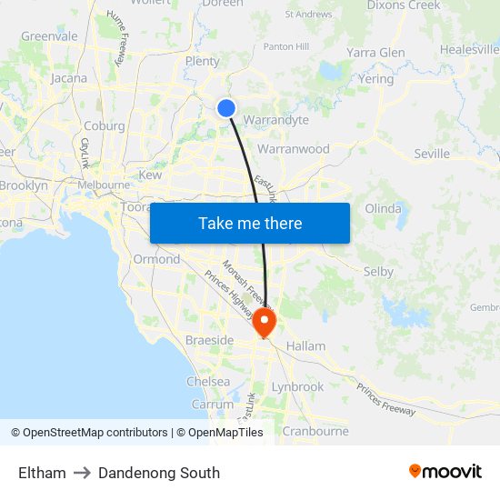 Eltham to Dandenong South map