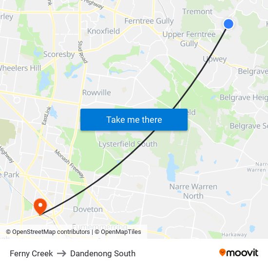 Ferny Creek to Dandenong South map