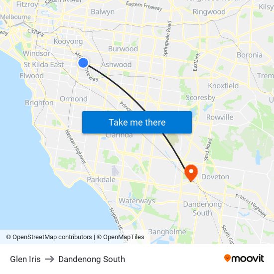 Glen Iris to Dandenong South map