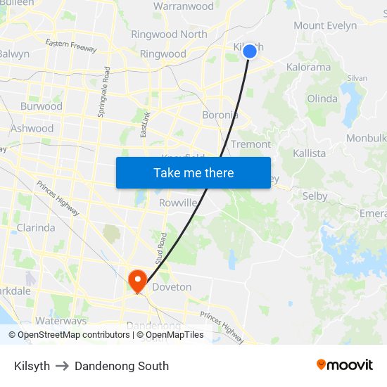 Kilsyth to Dandenong South map