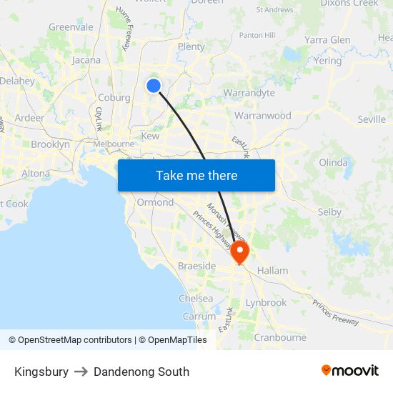 Kingsbury to Dandenong South map