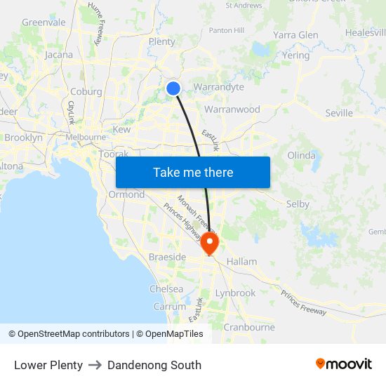 Lower Plenty to Dandenong South map