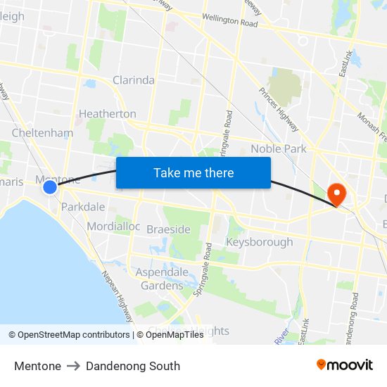 Mentone to Dandenong South map