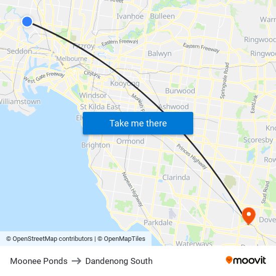 Moonee Ponds to Dandenong South map