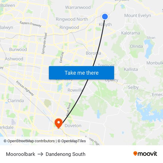 Mooroolbark to Dandenong South map