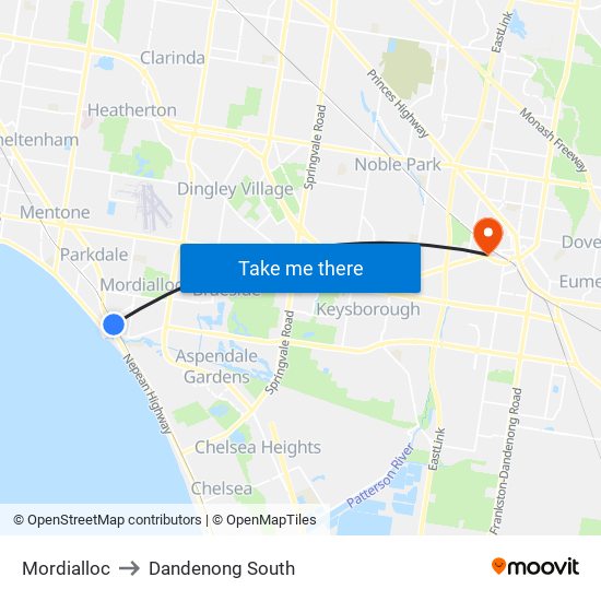Mordialloc to Dandenong South map