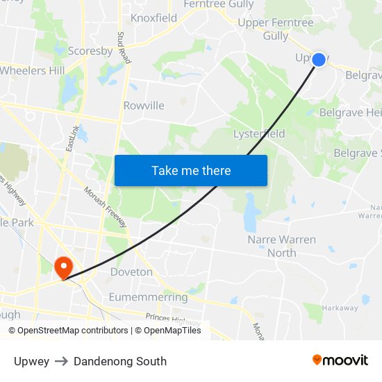 Upwey to Dandenong South map