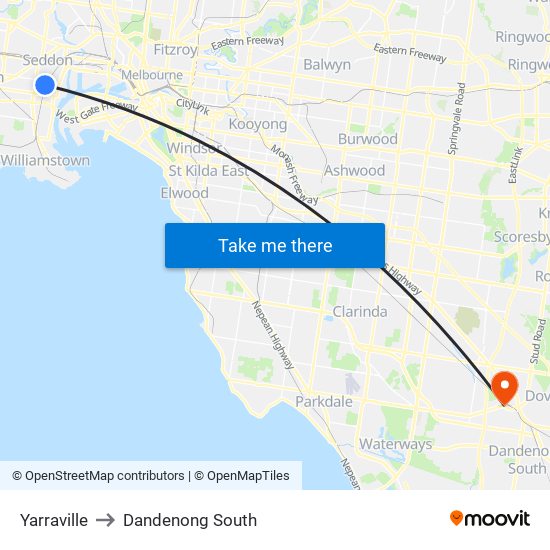 Yarraville to Dandenong South map