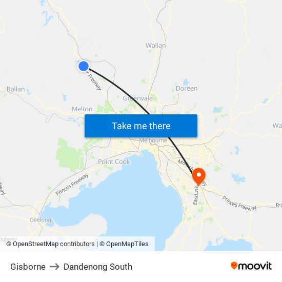 Gisborne to Dandenong South map