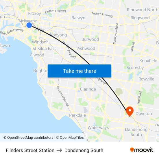 Flinders Street Station to Dandenong South map