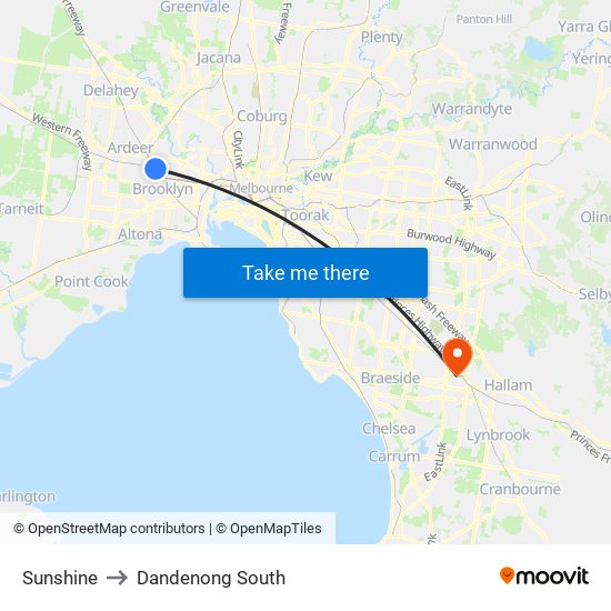 Sunshine to Dandenong South map