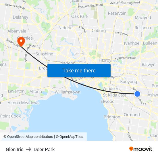 Glen Iris to Deer Park map