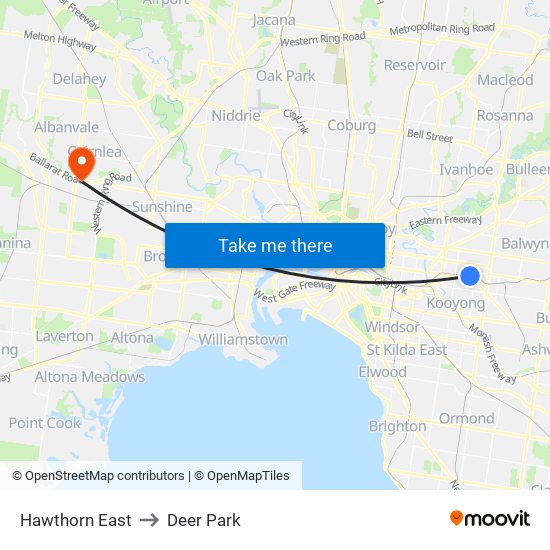 Hawthorn East to Deer Park map