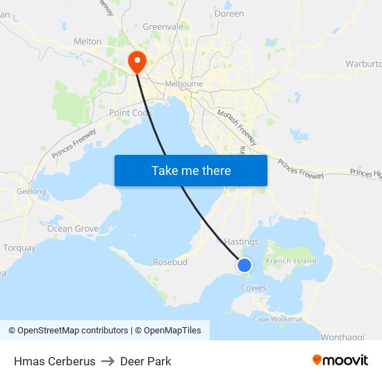 Hmas Cerberus to Deer Park map