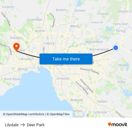 Lilydale to Deer Park map