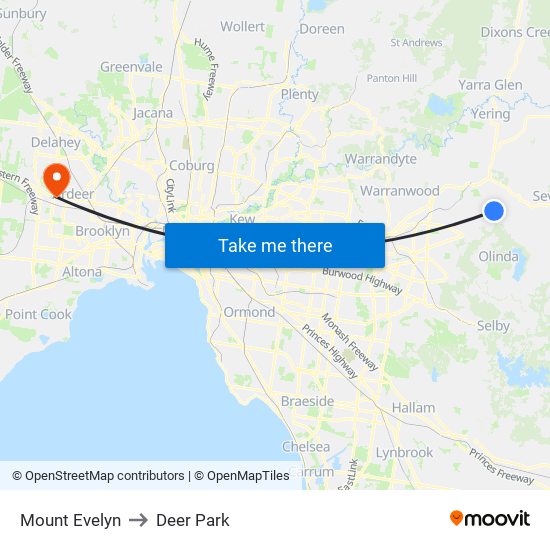 Mount Evelyn to Deer Park map