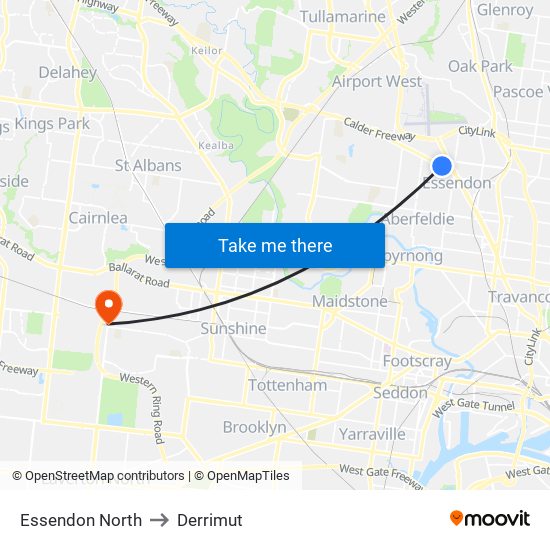 Essendon North to Derrimut map