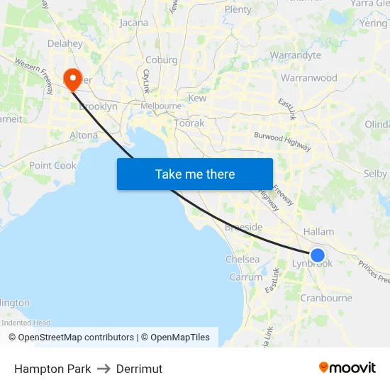 Hampton Park to Derrimut map