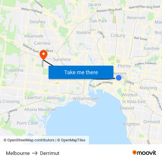 Melbourne to Derrimut map