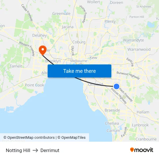 Notting Hill to Derrimut map