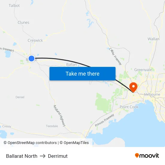 Ballarat North to Derrimut map