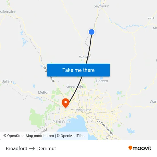 Broadford to Derrimut map