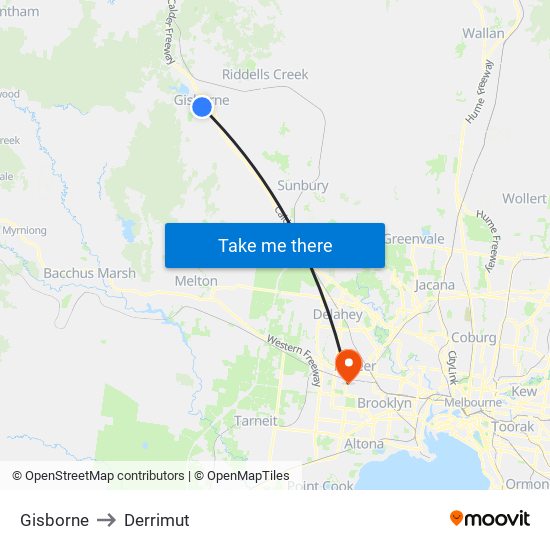 Gisborne to Derrimut map