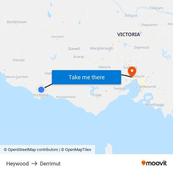 Heywood to Derrimut map